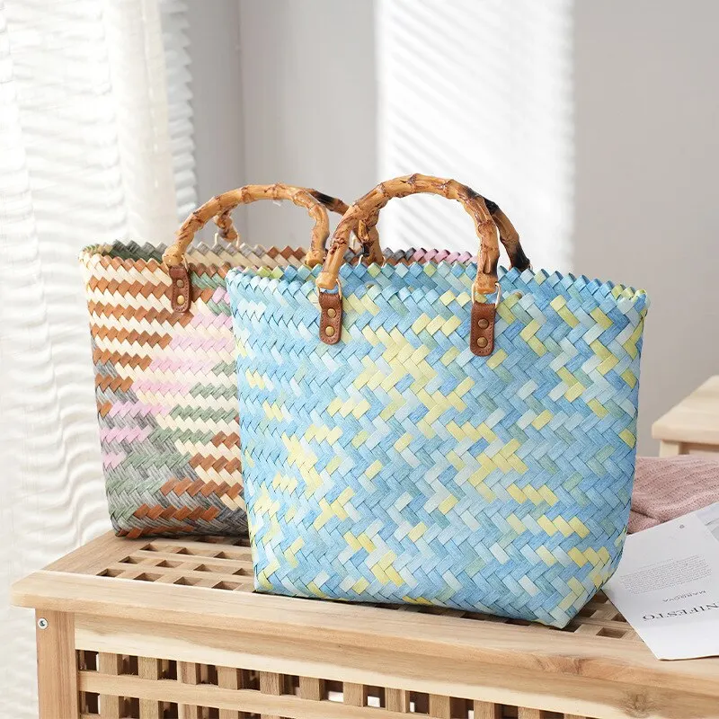 Basket Bag Wicker - Vintage Bamboom Handle หวายผู้หญิงกระเป๋าถือหวายทอตะกร้ากระเป๋า Handmade ฤดูร้อนชายหาดฟางกระเป๋า