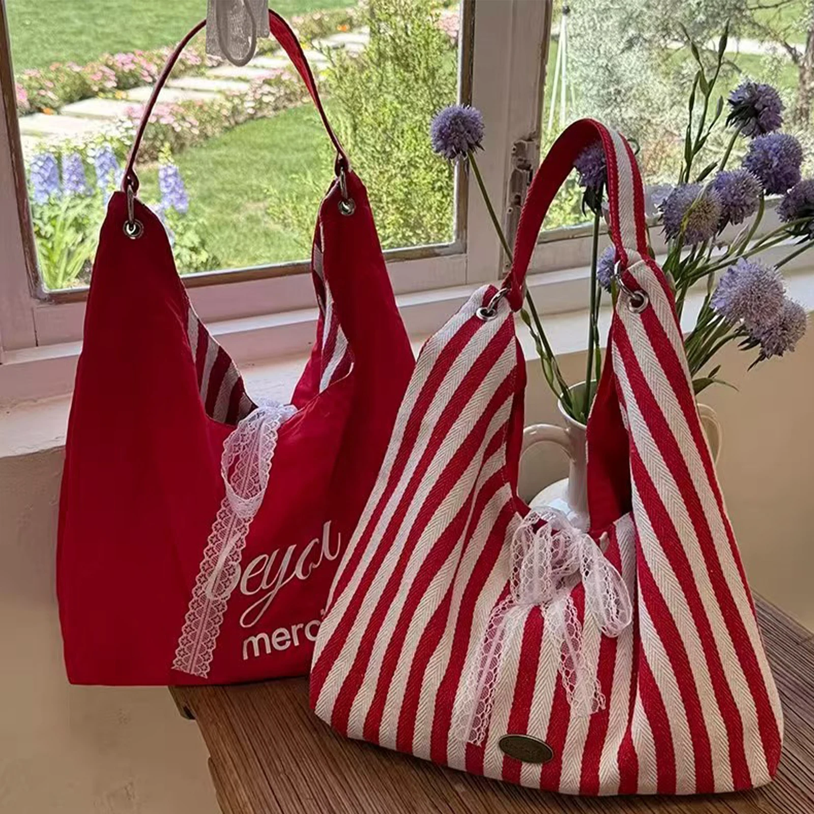 Women X Bags - กระเป๋าถือผู้หญิงสองด้าน กระเป๋าผ้าแคนวาสลายทางขนาดใหญ่ กระเป๋าสะพายไหล่เรียบง่าย กระเป๋าถือแฟชั่นพร้อมโบว์ลูกไม้ กระเป๋าสะพายไหล่