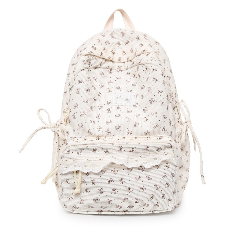 Women'S Young Bags - กระเป๋าเป้สะพายหลังผ้าลูกฟูกฤดูหนาว ลายโบว์ แต่งลูกไม้ น่ารัก สไตล์เกาหลี สำหรับสาวหวาน