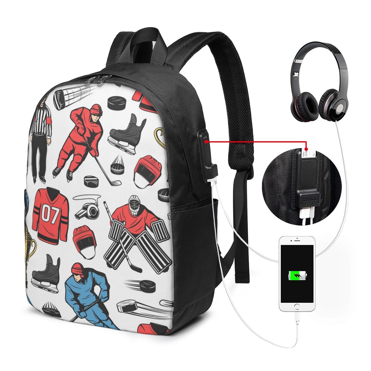 Women Bags For Laptop - กระเป๋าเป้สะพายหลังลายฮอกกี้น้ำแข็ง กระเป๋าใส่โน้ตบุ๊ก กระเป๋าใส่คอมพิวเตอร์ กระเป๋านักเรียน กระเป๋าใส่แล็ปท็อป กระเป๋าสะพายไหล่สำหรับผู้ชายและผู้หญิง