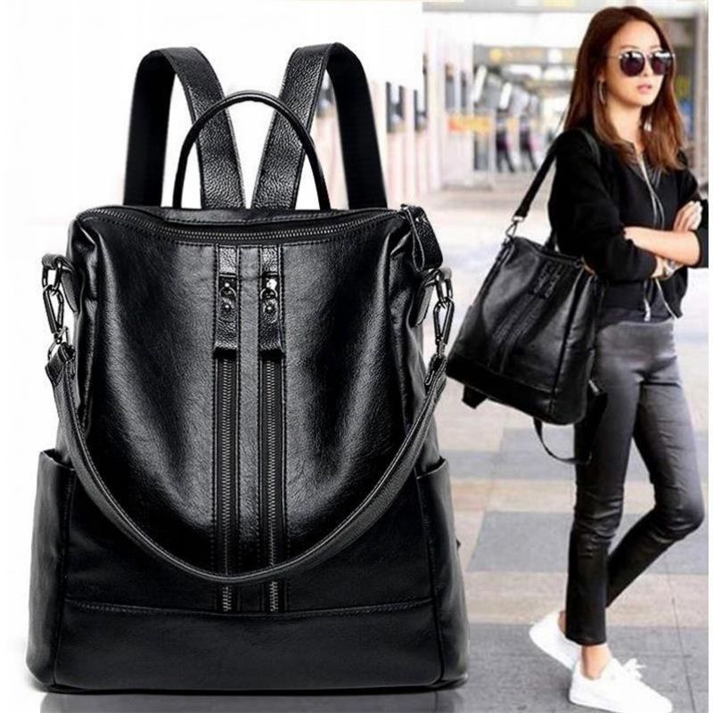 Women Bags For Office - กระเป๋าเป้สะพายหลังหนังนิ่มสำหรับผู้หญิง สีดำ สไตล์ลำลองอเนกประสงค์ เหมาะสำหรับนักเรียน นักศึกษา ความจุขนาดใหญ่