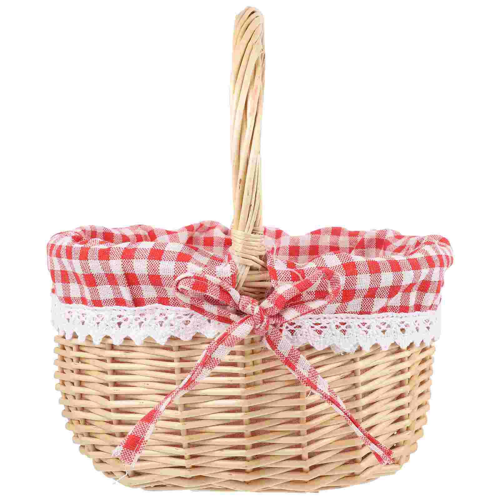 Basket Bag Wicker - Zerodeko หนูน้อยหมวกแดงตะกร้าทอมือกระเป๋าปิคนิคตะกร้าของขวัญตะกร้าเก็บหวายผ้าลินินด้านในตะกร้าเก็บ