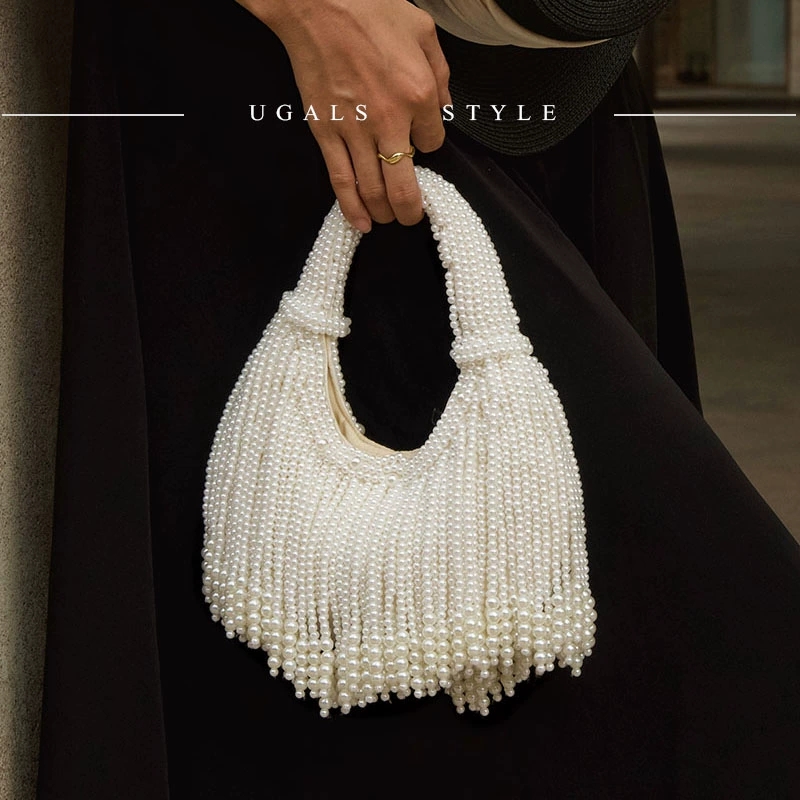 Women Bags Rack - กระเป๋าคลัทช์ดีไซน์หรูหราประดับมุกพร้อมพู่ห้อยยาวสำหรับออกงานกลางคืน