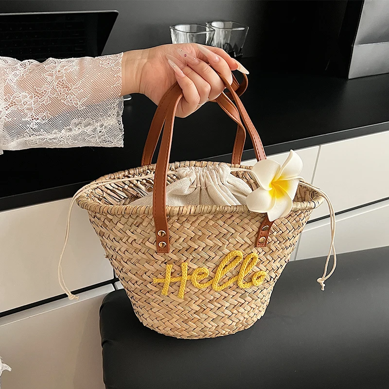 Basket Bag Wicker - Casual หวายทอตะกร้ากระเป๋าหวายผู้หญิงกระเป๋าถือ Handmade ฤดูร้อน Beach Straw