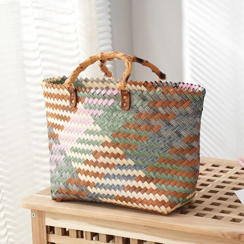Vintage Bamboom Handle หวายผู้ - Basket Bag Wicker บทวิจารณ์และราคา
