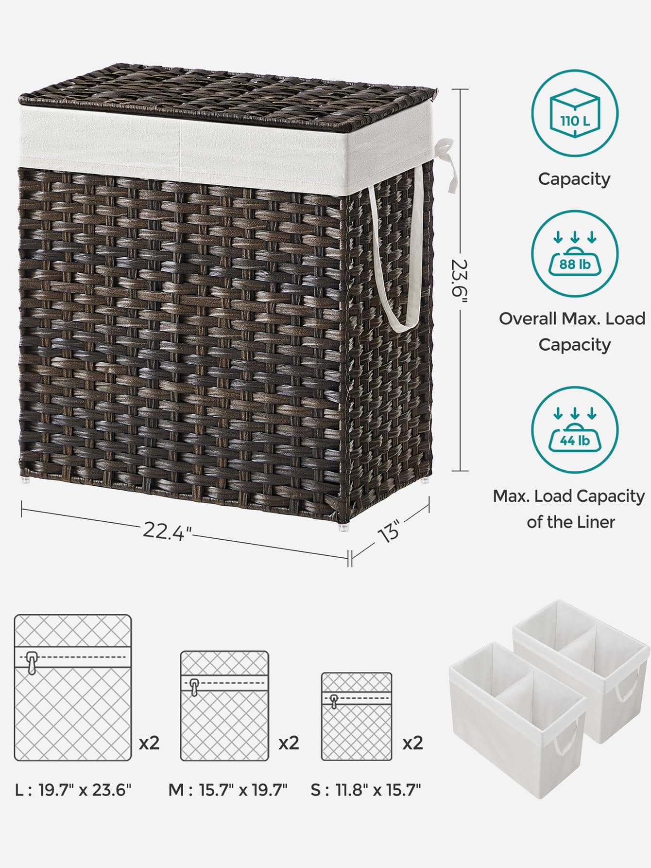 ตะกร้าผ้าคู่ขนาด 110 ลิตรพร้อม - Basket Bag Wicker บทวิจารณ์และราคา